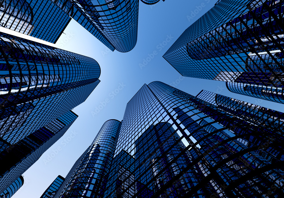 Modern glass skyscrapers symbolising business growth, success, and a multi-million-pound company exit.