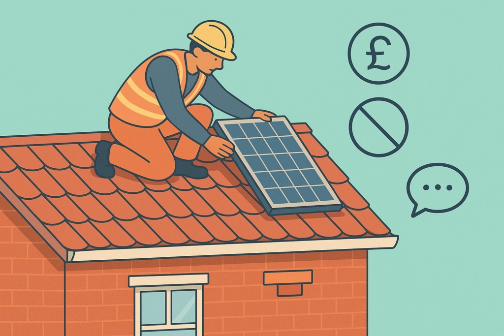Worker installing a rooftop solar panel on a UK home beside pound and “no” icons, illustrating a First Tier Tribunal tax appeal about EIS qualifying trade requirements and HMRC compliance certificate withdrawal.