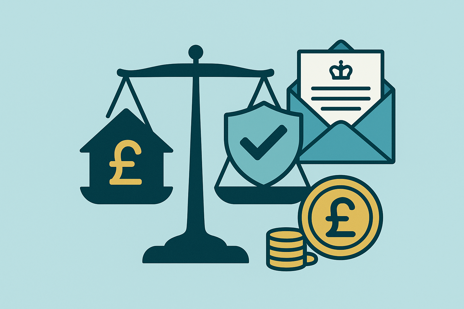 Balanced scales with a UK house and pound sign, coins, a shield tick and an HMRC letter, illustrating reasonable excuse HMRC penalties for rental income tax in the UK and self assessment property income.