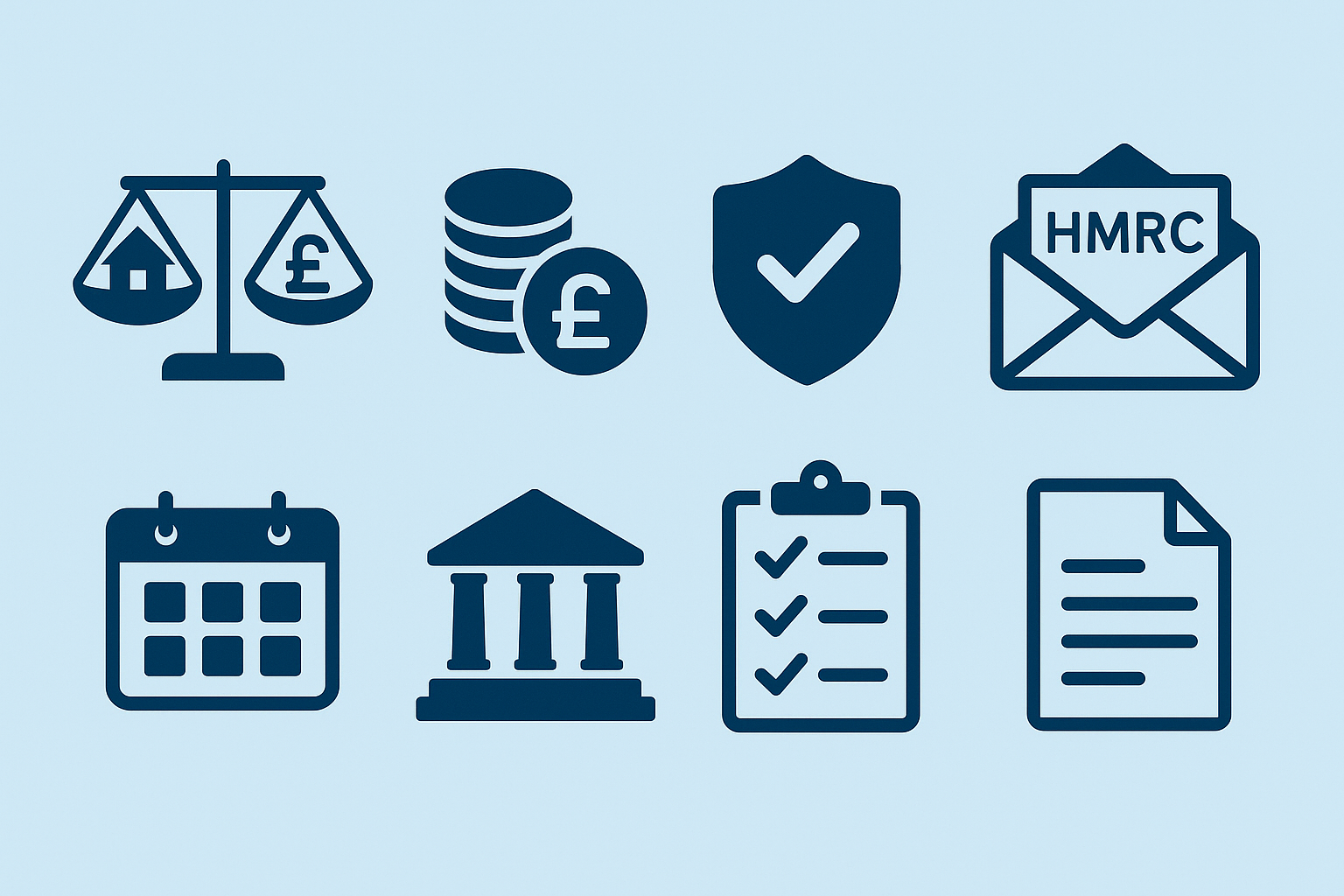 Icons of scales, pound coins, shield, tax letter, calendar, bank and checklist representing limited company first year tasks and company formation filing deadlines in the UK.