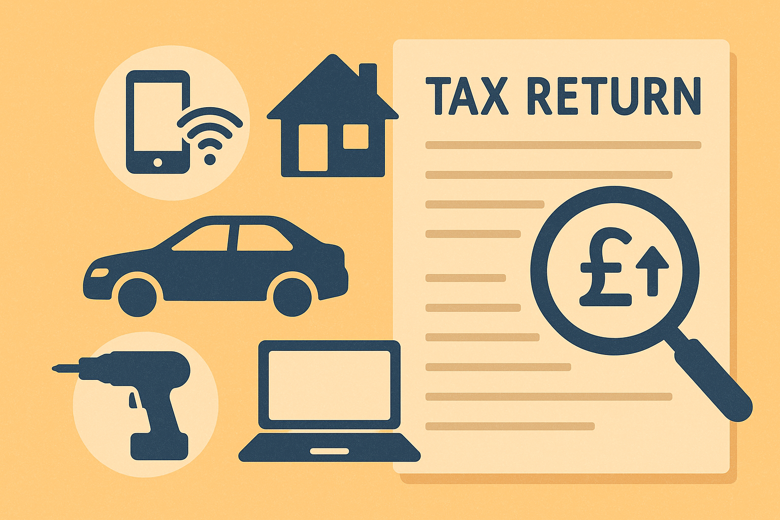 Illustration of a UK tax return under a magnifying glass with a pound sign, alongside a car, phone, home, laptop and tools to represent mixed-use costs. Highlights private use adjustments UK and HMRC enquiry compliance for business expenses tax rules.