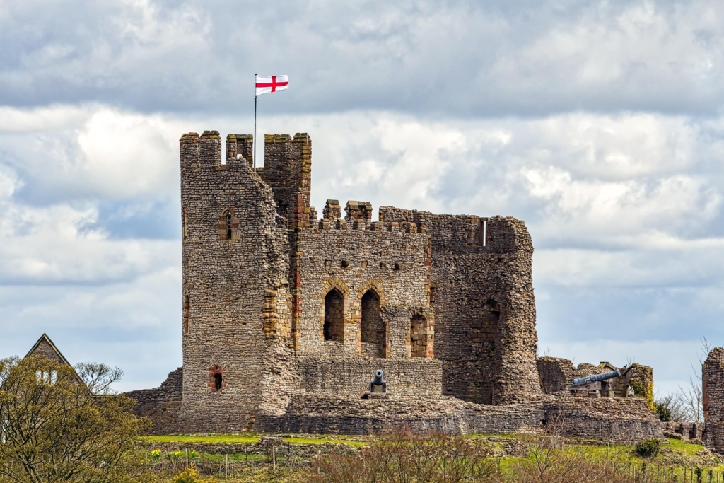 Dudley Castle ruins with a flag flying above the keep, Black Country