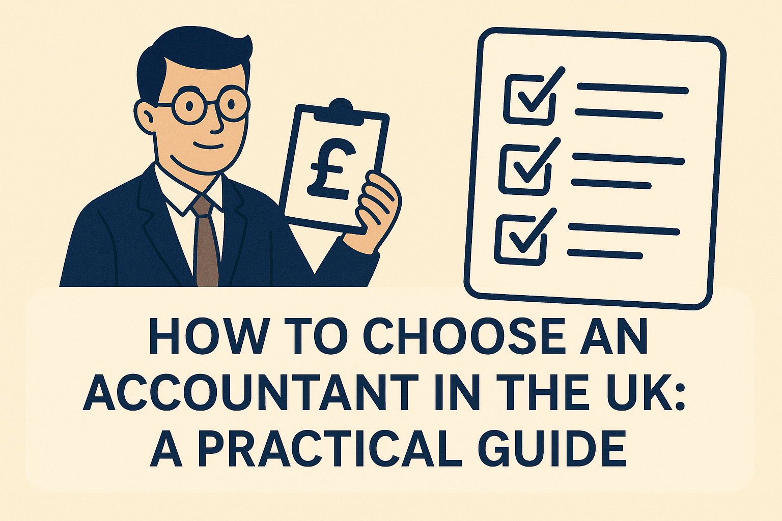 Illustration of an accountant holding a £ clipboard next to a ticked checklist, representing choosing an accountant UK and what to look for in an accountant.