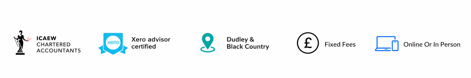 ICAEW Chartered Accountants and Xero advisor certified badges with Dudley and Black Country, fixed fees, and online or in-person accountancy support.