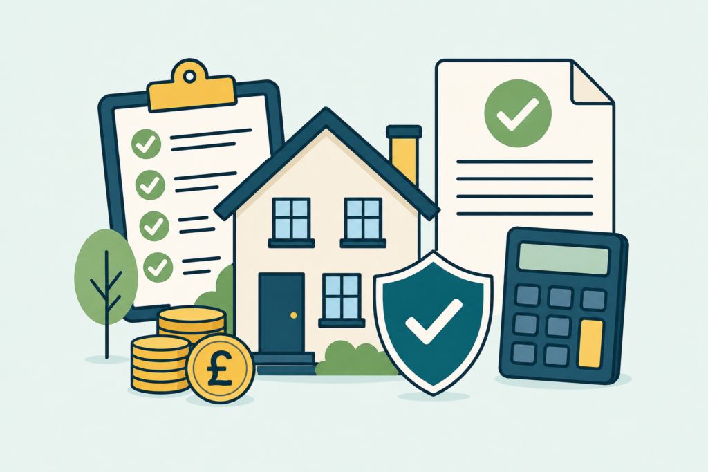 Illustration showing a house, checklist, calculator, pound coins and a shield representing landlord tax planning and rental income expenses